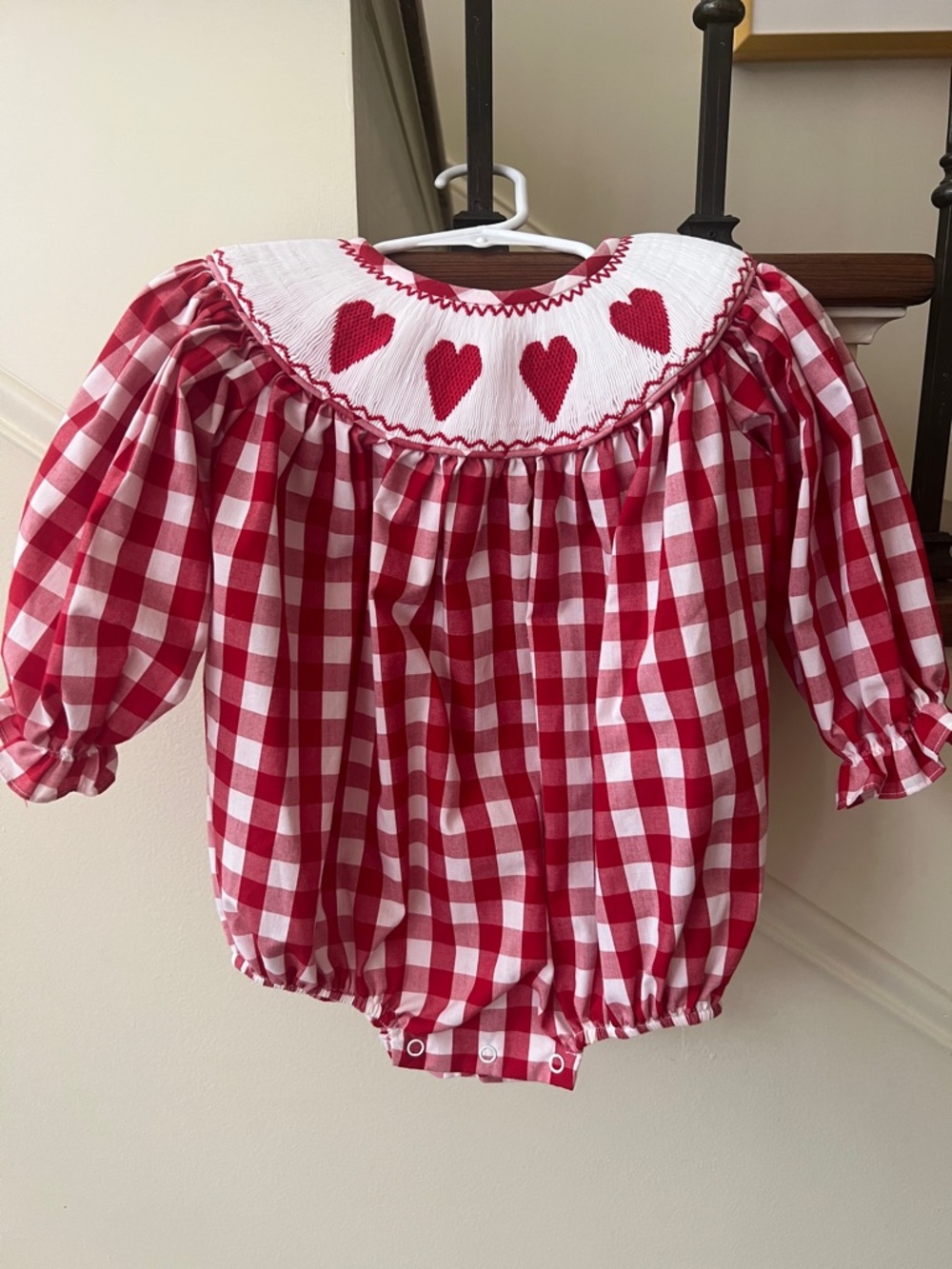 Stitchy Fish Red Gingham Heart Valentine Smocked Girl Bubble